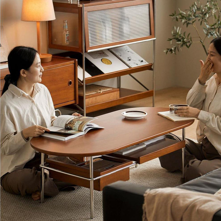 Traditioneller ovaler/rechteckiger Couchtisch im Vintage-Stil aus Massivholz und Edelstahl, 2 Ebenen, für das Wohnzimmer 