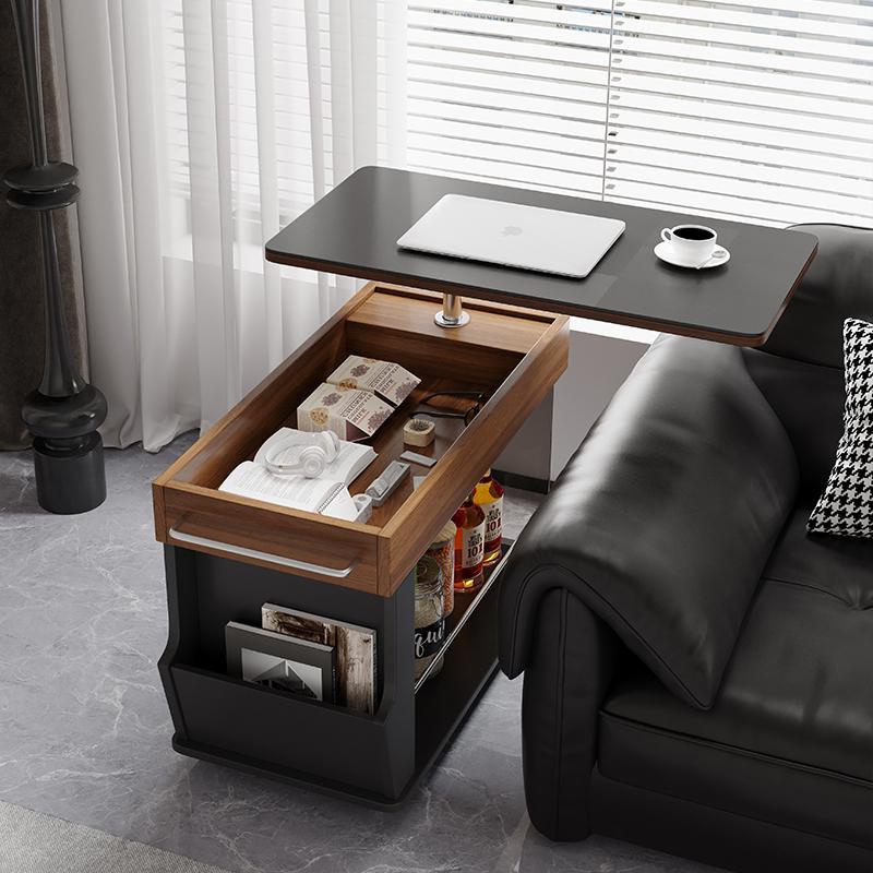 Modern Minimalist Movable Liftable Swivel Rectangular Wood Hardware Glass Side Table 3-Tier For Living Room