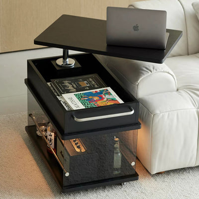 Contemporary Scandinavian Movable Liftable Swivel Rectangular Glass Oak Rock Slab Stainless Steel Side Table 3-Tier For Living Room