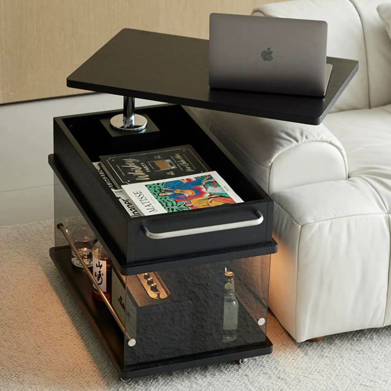 Contemporary Scandinavian Movable Liftable Swivel Rectangular Glass Oak Rock Slab Stainless Steel Side Table 3-Tier For Living Room
