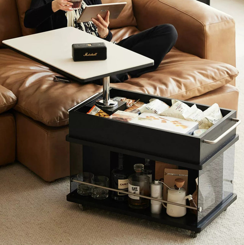 Contemporary Scandinavian Movable Liftable Swivel Rectangular Glass Oak Rock Slab Stainless Steel Side Table 3-Tier For Living Room