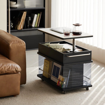 Contemporary Scandinavian Movable Liftable Swivel Rectangular Glass Oak Rock Slab Stainless Steel Side Table 3-Tier For Living Room