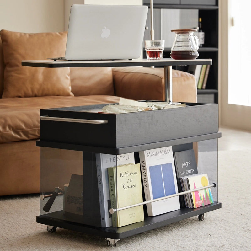 Contemporary Scandinavian Movable Liftable Swivel Rectangular Glass Oak Rock Slab Stainless Steel Side Table 3-Tier For Living Room