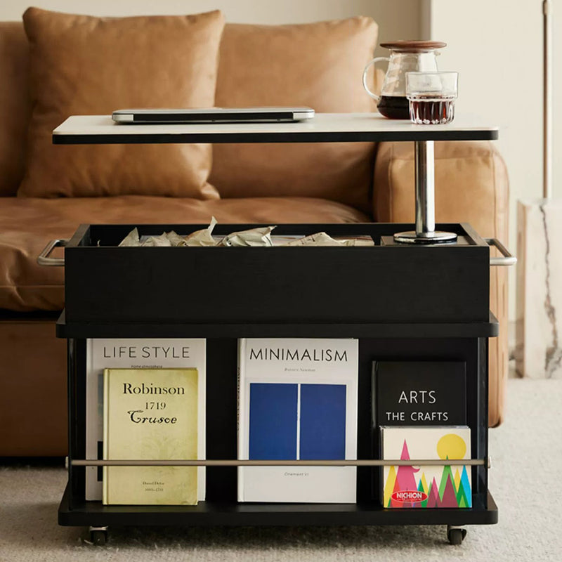 Contemporary Scandinavian Movable Liftable Swivel Rectangular Glass Oak Rock Slab Stainless Steel Side Table 3-Tier For Living Room