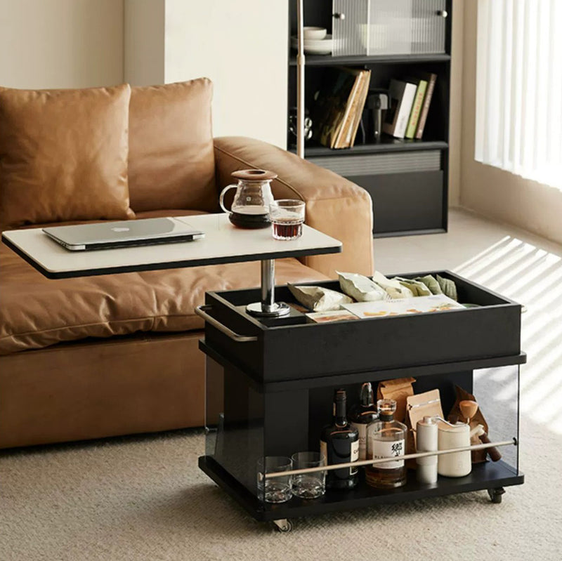 Contemporary Scandinavian Movable Liftable Swivel Rectangular Glass Oak Rock Slab Stainless Steel Side Table 3-Tier For Living Room