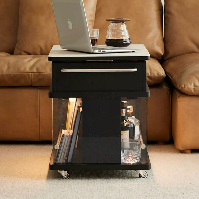 Contemporary Scandinavian Movable Liftable Swivel Rectangular Glass Oak Rock Slab Stainless Steel Side Table 3-Tier For Living Room