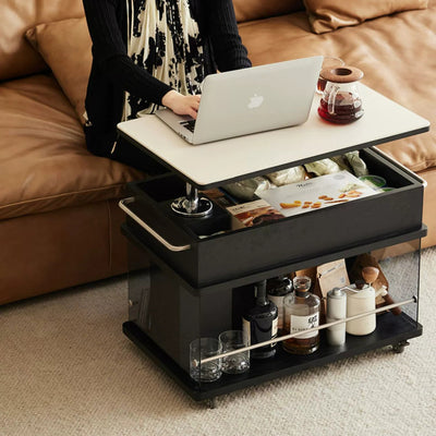 Contemporary Scandinavian Movable Liftable Swivel Rectangular Glass Oak Rock Slab Stainless Steel Side Table 3-Tier For Living Room