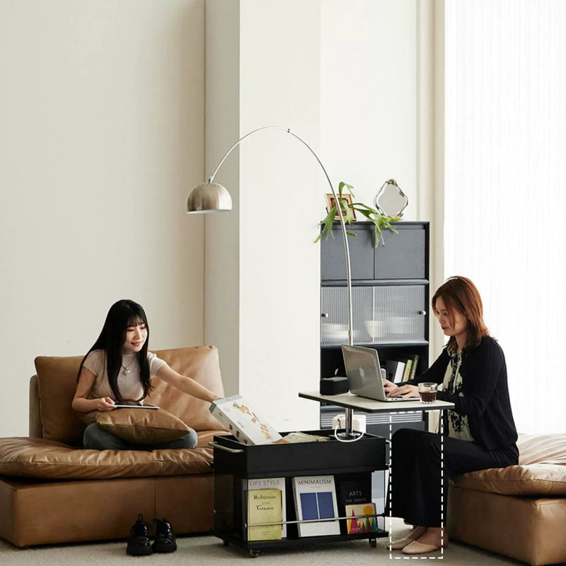 Contemporary Scandinavian Movable Liftable Swivel Rectangular Glass Oak Rock Slab Stainless Steel Side Table 3-Tier For Living Room