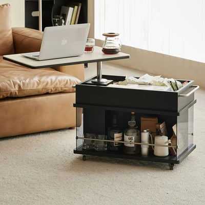 Contemporary Scandinavian Movable Liftable Swivel Rectangular Glass Oak Rock Slab Stainless Steel Side Table 3-Tier For Living Room