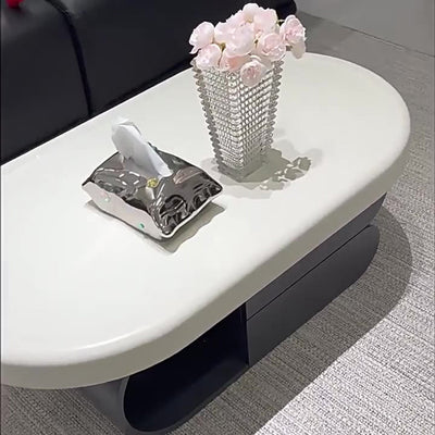 Contemporary Scandinavian Oval Wood Rock Slab Coffee Table 2-Drawer For Living Room