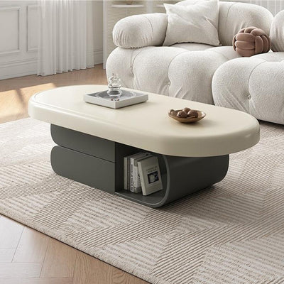 Contemporary Scandinavian Oval Wood Rock Slab Coffee Table 2-Drawer For Living Room