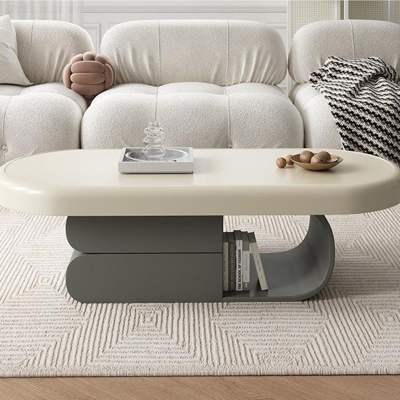Contemporary Scandinavian Oval Wood Rock Slab Coffee Table 2-Drawer For Living Room