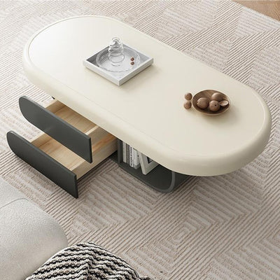 Contemporary Scandinavian Oval Wood Rock Slab Coffee Table 2-Drawer For Living Room