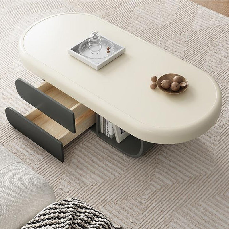 Contemporary Scandinavian Oval Wood Rock Slab Coffee Table 2-Drawer For Living Room