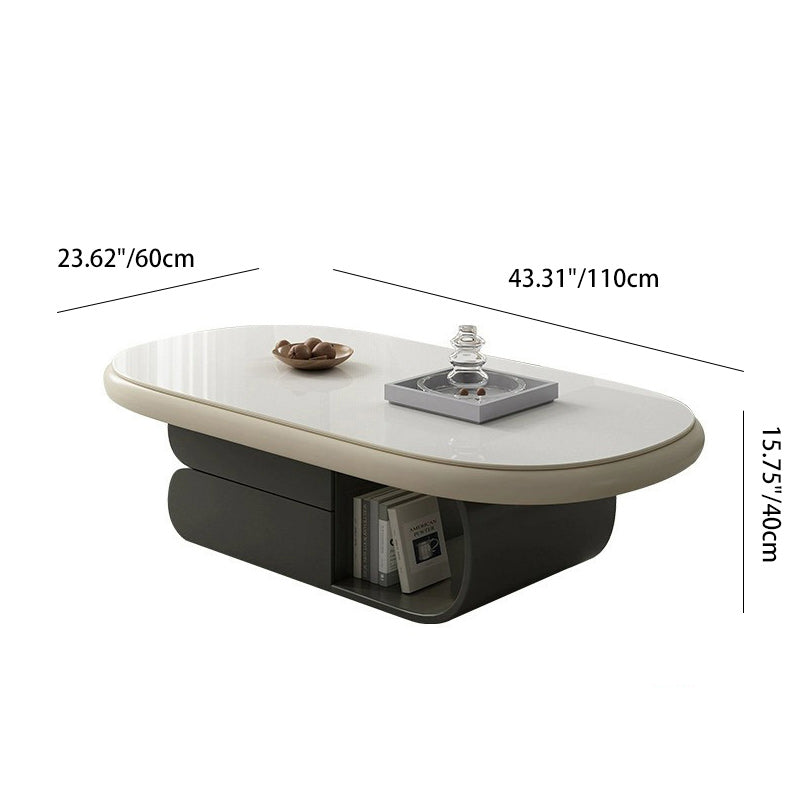 Contemporary Scandinavian Oval Wood Rock Slab Coffee Table 2-Drawer For Living Room