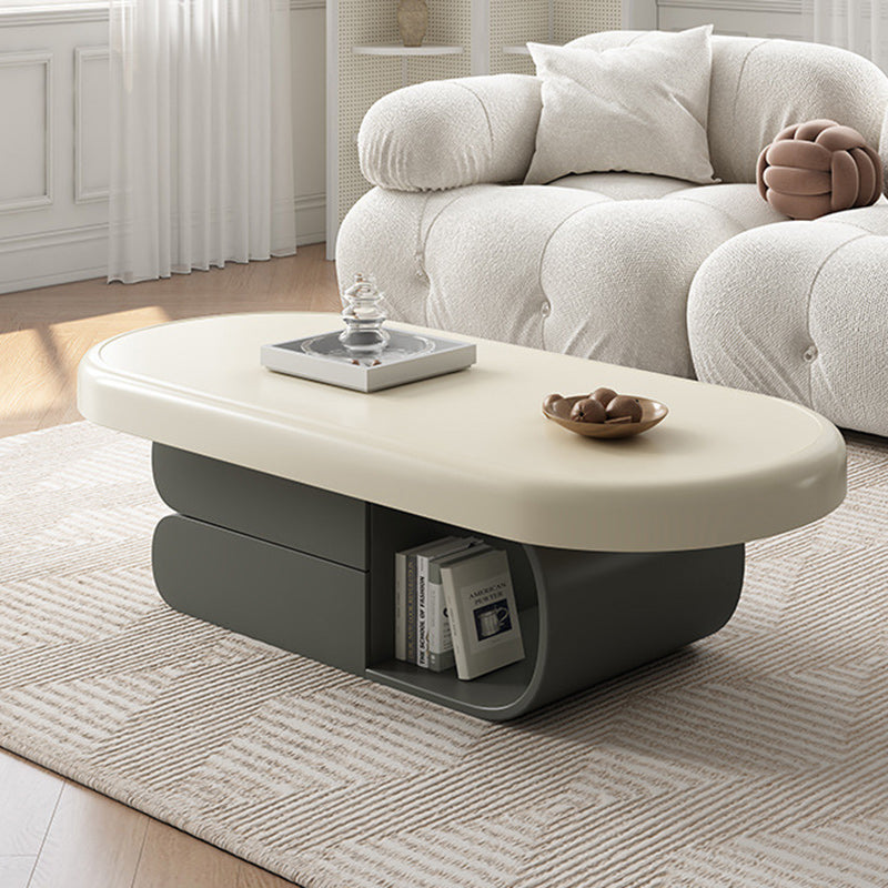 Contemporary Scandinavian Oval Wood Rock Slab Coffee Table 2-Drawer For Living Room