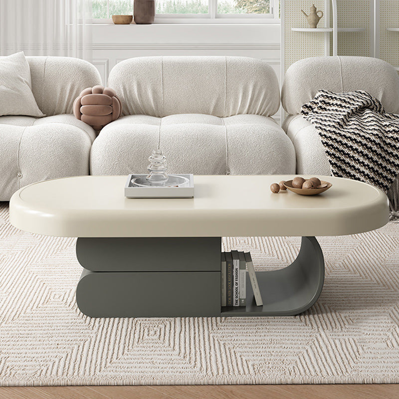 Contemporary Scandinavian Oval Wood Rock Slab Coffee Table 2-Drawer For Living Room