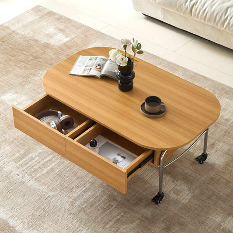 Modern Minimalist Movable Liftable Rectangular Oval Wood Panel Stainless Steel Coffee Table For Living Room