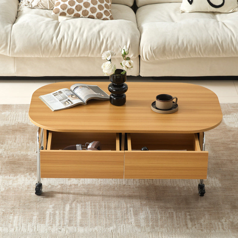 Modern Minimalist Movable Liftable Rectangular Oval Wood Panel Stainless Steel Coffee Table For Living Room