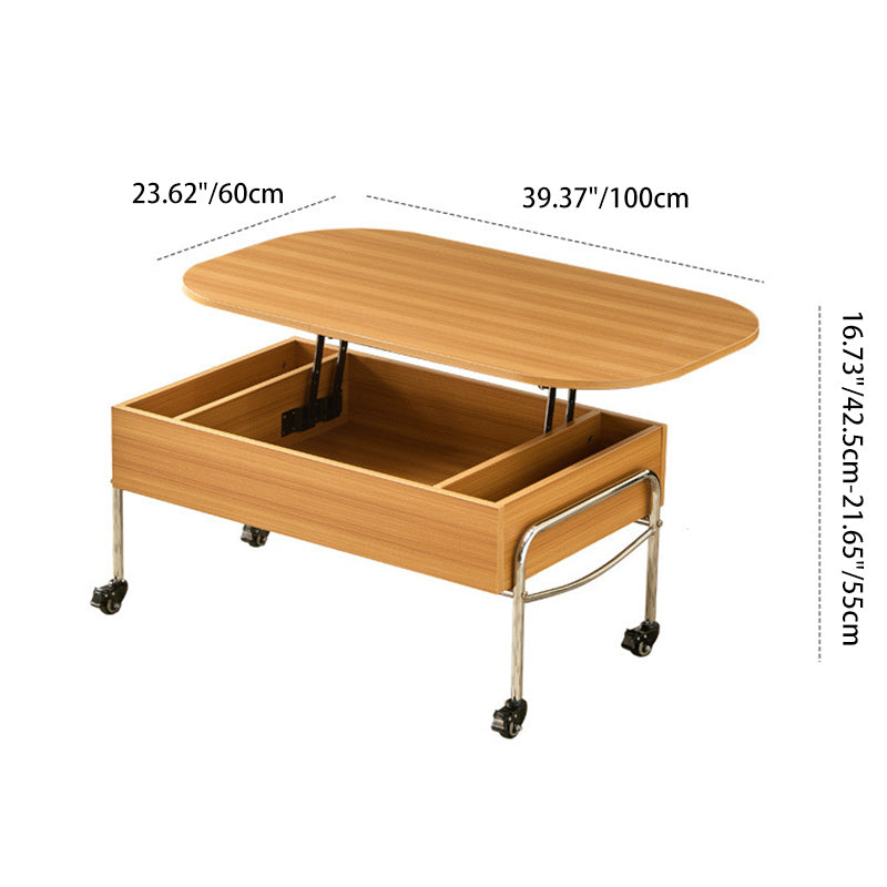 Modern Minimalist Movable Liftable Rectangular Oval Wood Panel Stainless Steel Coffee Table For Living Room