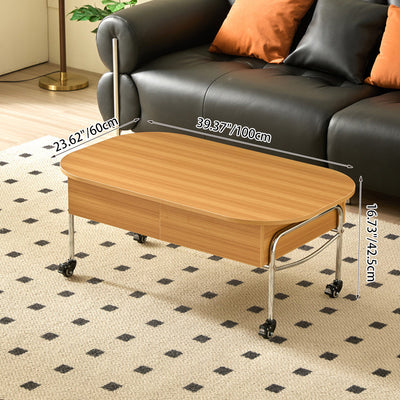 Modern Minimalist Movable Liftable Rectangular Oval Wood Panel Stainless Steel Coffee Table For Living Room