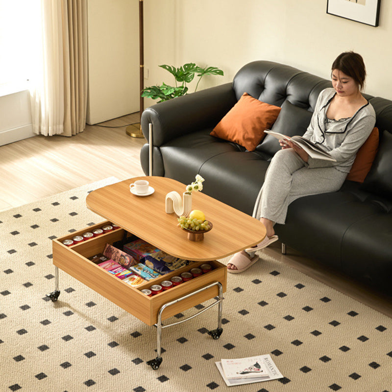 Modern Minimalist Movable Liftable Rectangular Oval Wood Panel Stainless Steel Coffee Table For Living Room