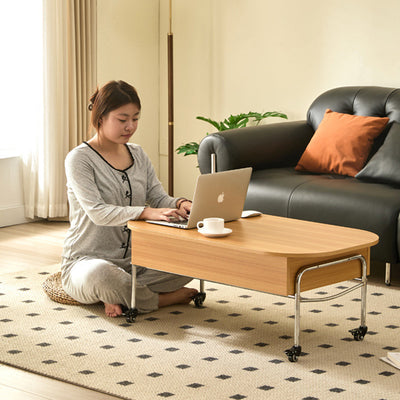 Modern Minimalist Movable Liftable Rectangular Oval Wood Panel Stainless Steel Coffee Table For Living Room