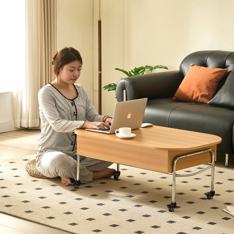 Modern Minimalist Movable Liftable Rectangular Oval Wood Panel Stainless Steel Coffee Table For Living Room