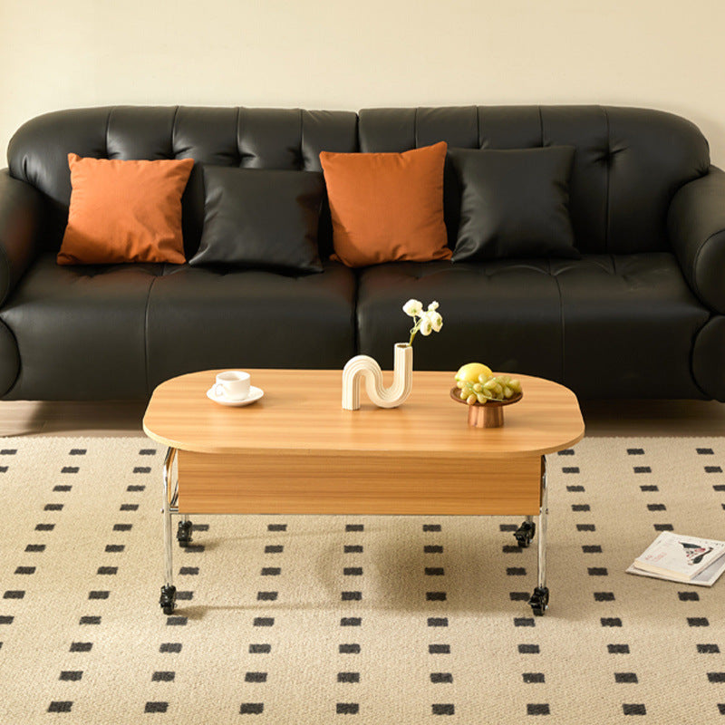 Modern Minimalist Movable Liftable Rectangular Oval Wood Panel Stainless Steel Coffee Table For Living Room