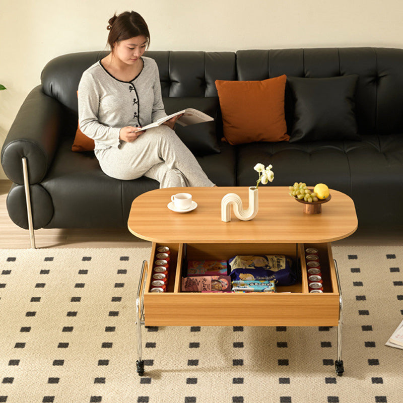 Modern Minimalist Movable Liftable Rectangular Oval Wood Panel Stainless Steel Coffee Table For Living Room