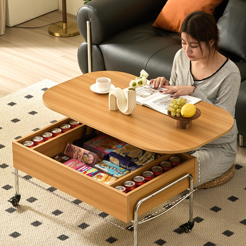 Modern Minimalist Movable Liftable Rectangular Oval Wood Panel Stainless Steel Coffee Table For Living Room