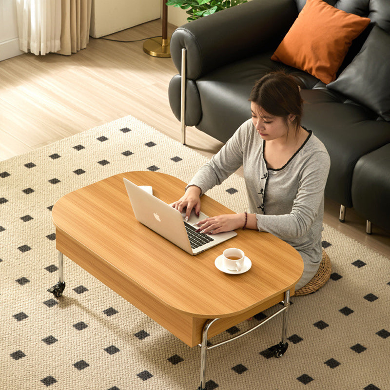 Modern Minimalist Movable Liftable Rectangular Oval Wood Panel Stainless Steel Coffee Table For Living Room