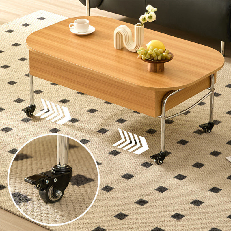 Modern Minimalist Movable Liftable Rectangular Oval Wood Panel Stainless Steel Coffee Table For Living Room