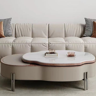 Traditional French Expandable Liftable Oval Microcrystalline Stone Stainless Steel Leather Coffee Table For Living Room