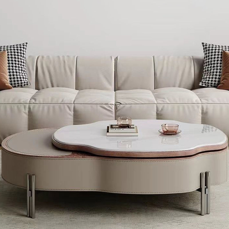 Traditional French Expandable Liftable Oval Microcrystalline Stone Stainless Steel Leather Coffee Table For Living Room