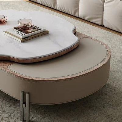 Traditional French Expandable Liftable Oval Microcrystalline Stone Stainless Steel Leather Coffee Table For Living Room