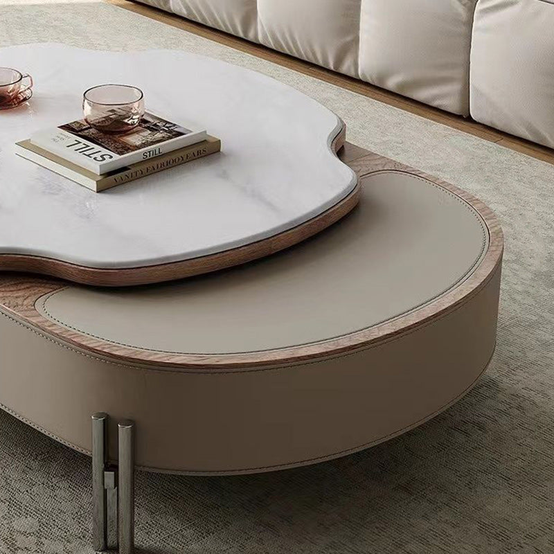 Traditional French Expandable Liftable Oval Microcrystalline Stone Stainless Steel Leather Coffee Table For Living Room