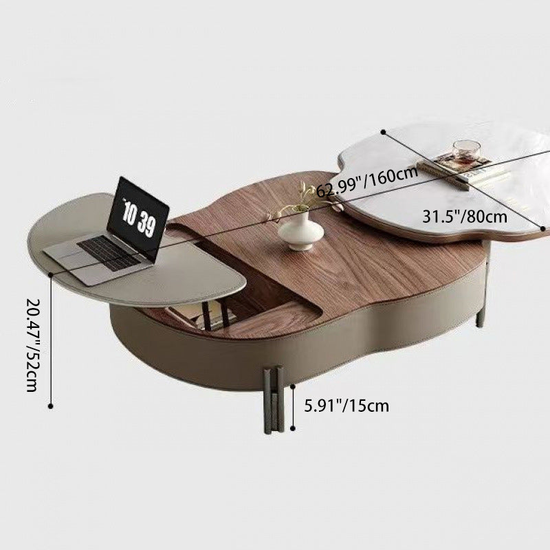 Traditional French Expandable Liftable Oval Microcrystalline Stone Stainless Steel Leather Coffee Table For Living Room