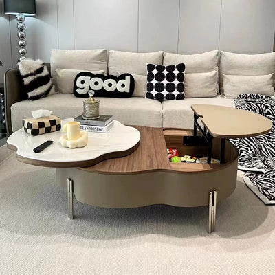 Traditional French Expandable Liftable Oval Microcrystalline Stone Stainless Steel Leather Coffee Table For Living Room