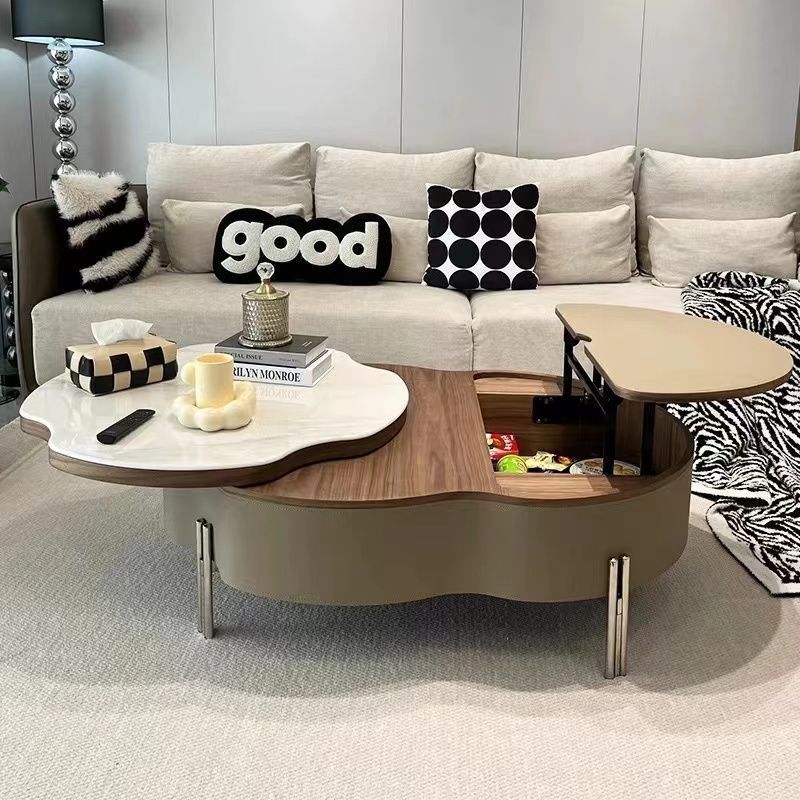 Traditional French Expandable Liftable Oval Microcrystalline Stone Stainless Steel Leather Coffee Table For Living Room