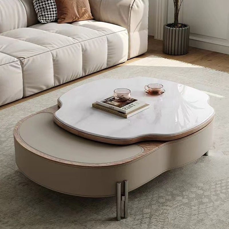Traditional French Expandable Liftable Oval Microcrystalline Stone Stainless Steel Leather Coffee Table For Living Room