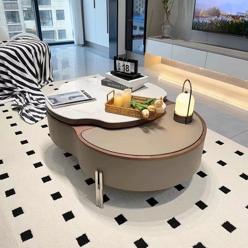Traditional French Expandable Liftable Oval Microcrystalline Stone Stainless Steel Leather Coffee Table For Living Room
