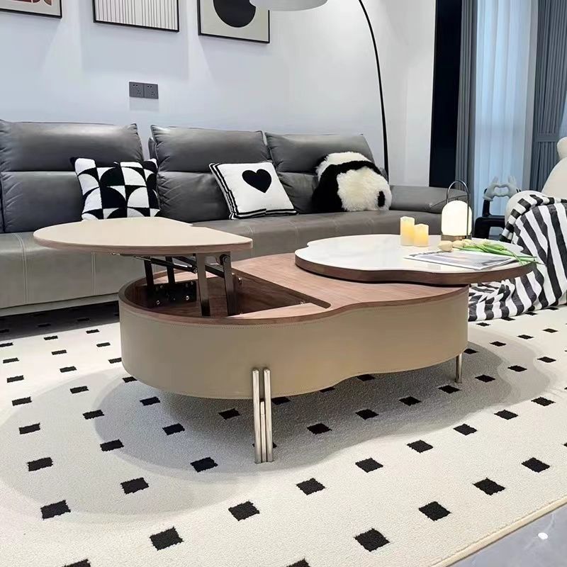 Traditional French Expandable Liftable Oval Microcrystalline Stone Stainless Steel Leather Coffee Table For Living Room