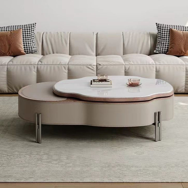 Traditional French Expandable Liftable Oval Microcrystalline Stone Stainless Steel Leather Coffee Table For Living Room