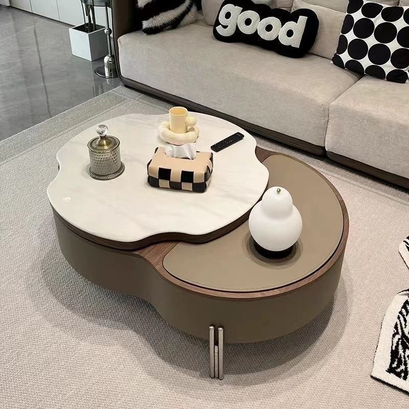 Traditional French Expandable Liftable Oval Microcrystalline Stone Stainless Steel Leather Coffee Table For Living Room