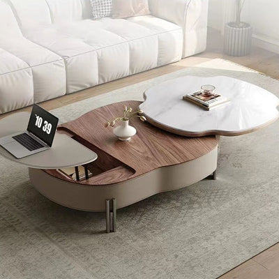 Traditional French Expandable Liftable Oval Microcrystalline Stone Stainless Steel Leather Coffee Table For Living Room