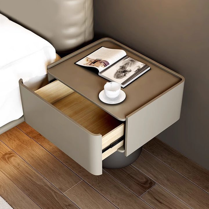 Moderner minimalistischer Nachttisch mit 1 Schublade aus rechteckiger konischer Fingerzinken-Sperrholzplatte mit kratzfestem Leder für das Schlafzimmer 