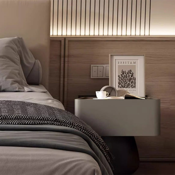 Moderner minimalistischer Nachttisch mit 1 Schublade aus rechteckiger konischer Fingerzinken-Sperrholzplatte mit kratzfestem Leder für das Schlafzimmer 