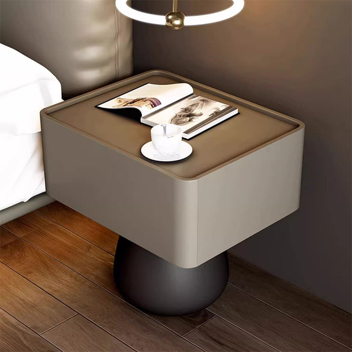 Moderner minimalistischer Nachttisch mit 1 Schublade aus rechteckiger konischer Fingerzinken-Sperrholzplatte mit kratzfestem Leder für das Schlafzimmer 