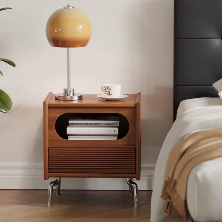 Traditional Vintage Square Pine Stainless Steel Nightstand 1-Drawer For Bedroom